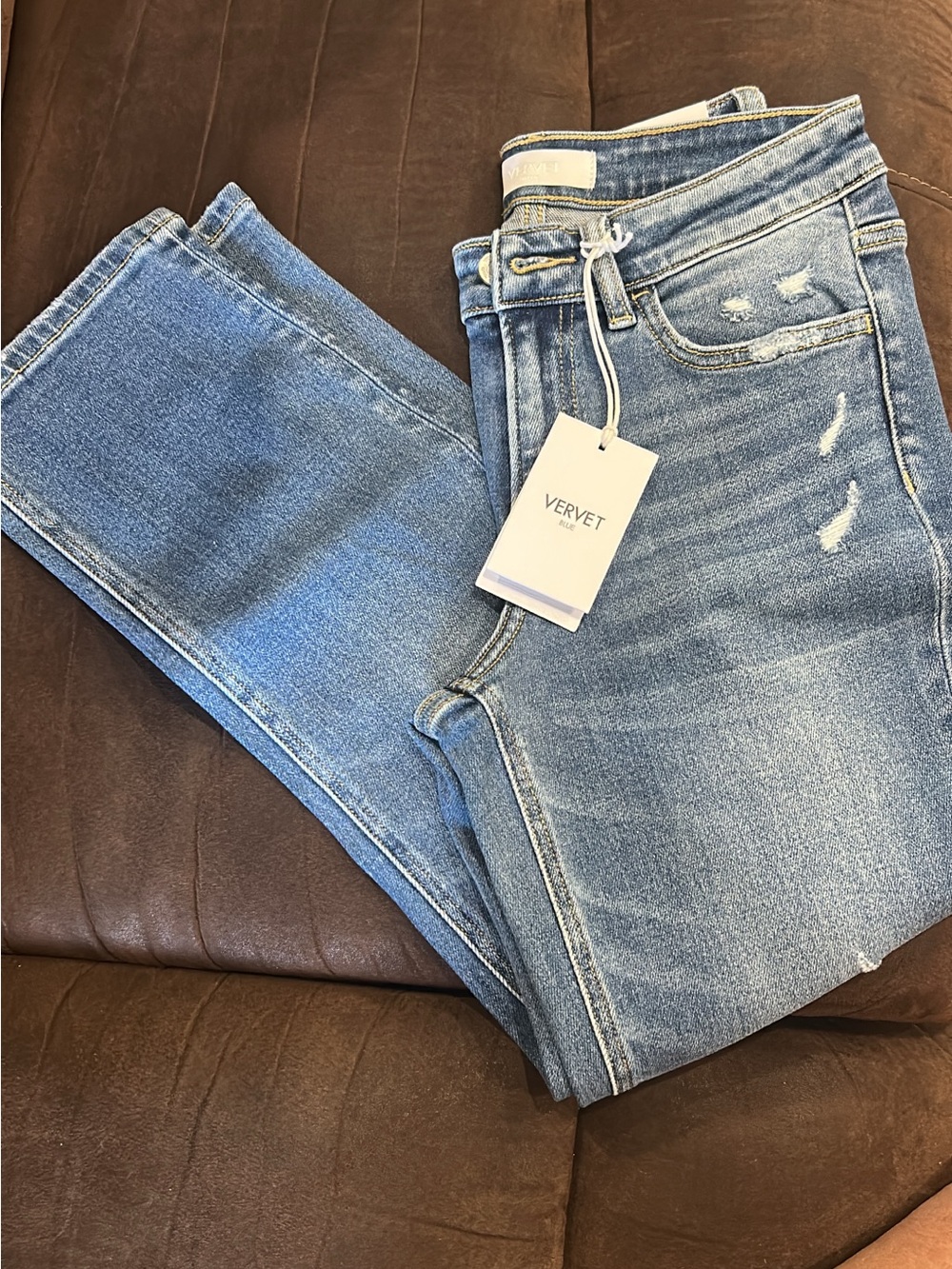 VERVET BY FLYING MONKEY Light Blue Straight Leg Jeans with Distressed Details